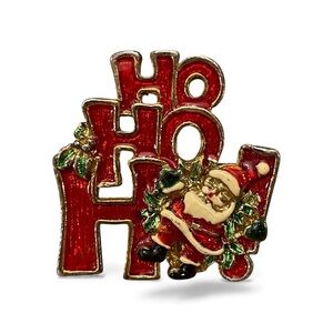 HO HO HO! Santa Pin Brooch Vintage Wreath Enamel Retro Festive Funny Christmas